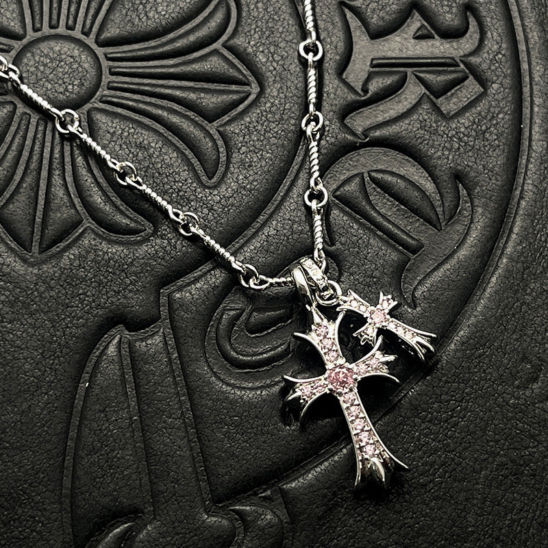 Punk hip-hop Thai silver plated 22K white gold double cross color diamond necklace sweater chain
