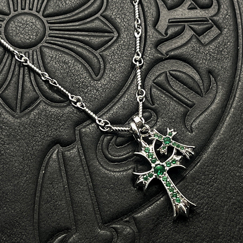 Punk hip-hop Thai silver plated 22K white gold double cross color diamond necklace sweater chain