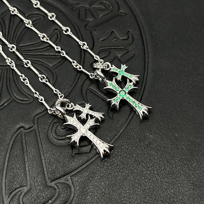 Punk hip-hop Thai silver plated 22K white gold double cross color diamond necklace sweater chain